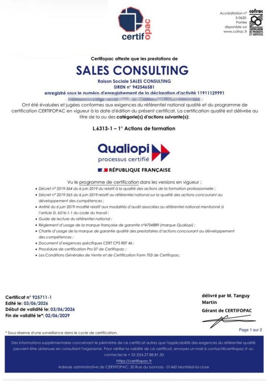 Certificat Qualiopi n° 925711-1 délivré à SALES CONSULTING
